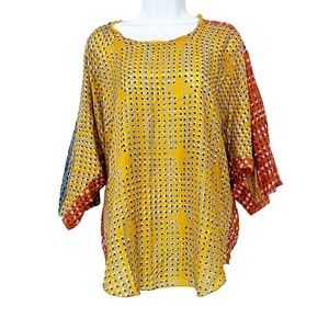 Anthropologie Silk Sanchita Placed Pixels Blouse Boxy Top Drop Raw Edge Sz L